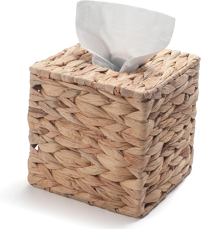 Water Hyacinth Tissue Box Cover Square Decorative Woven Tissue Box Holder for Table Bathroom (5.9 x 5.9 x 5.9 inch)