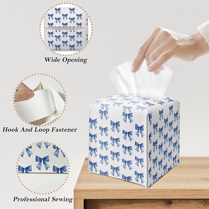 Blue Bow Tissue Box Cover Square, Leather Tissue Holder with Bottom Belt, for Nightstands Desks Office Bathroom Car Vanity Home Decor Supplies -014