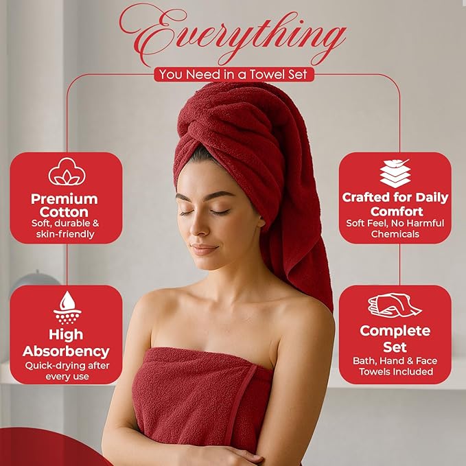 RIVERSIDE Pack of 8 Towels Set, 2 Large Bath, 2 Hand, 4 Face Washcloths, 100% Cotton Hotel Quality, Super Soft, Quick Dry, Highly Absorbent Perfect for Bathroom, Red