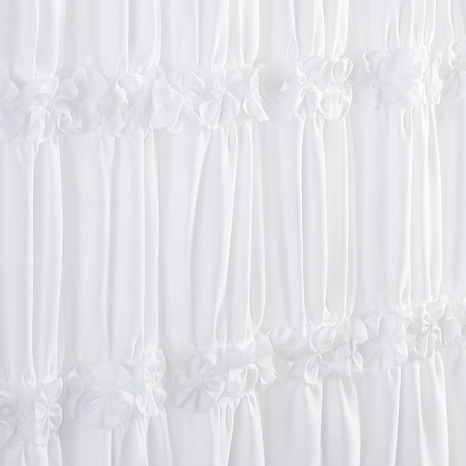 XOGUIBO White Ruffle Shower Curtain with Handmade Bow Tie, Linen Vintage Farmhouse Shower Curtain for Bathroom, 72" W x 90" H