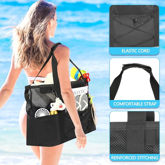 Fammart Mesh Beach Bag, Large Beach Tote with Zipper Pocket for Family Pool Bag for Toys & Vacation Essentials