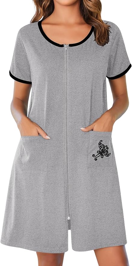 Ekouaer Zip Up Robes for Women Short Sleeves Zipper House Coat Short Bathrobes Lightweight Nightgown with Pockets S-3XL