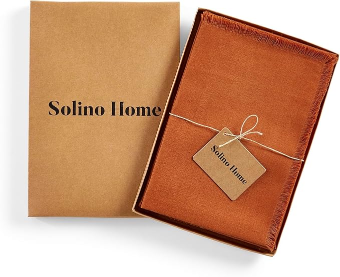 Solino Home Fringe Linen Napkins Set of 4-100% Pure Linen Cinnamon Dinner Napkins 20 x 20 Inch - Handcrafted and Machine Washable