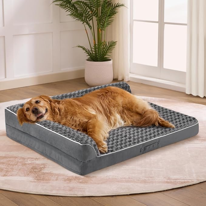 Aeroluxe Dog Bed Large Sized Dogs, Orthopedic Dog Bed for Large Dogs, Waterproof Pet Bed with Washable Removable Cover, L-Shaped Pet Couch with Portable Handle 36"x27"x6.5", Dark Grey