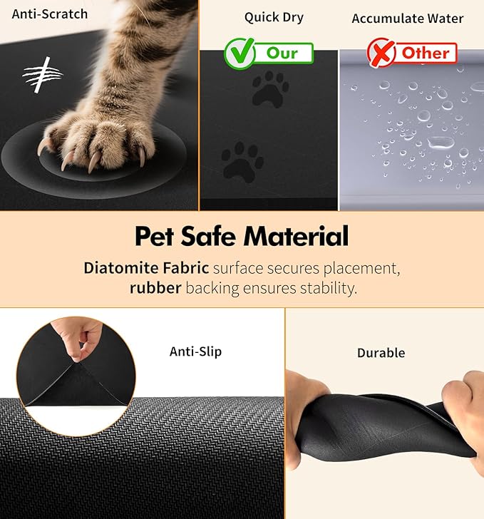 UPAWPIA Pet Food Mat Absorbent Cat Food Mat Dog Mat for Food and Water Quick Dry No Stains Dog Feeding Mat Placemat for Messy Drinkers Cat Food Mats for Indoor Cats Bowl Mat Pet Supplies 12"X20" Black