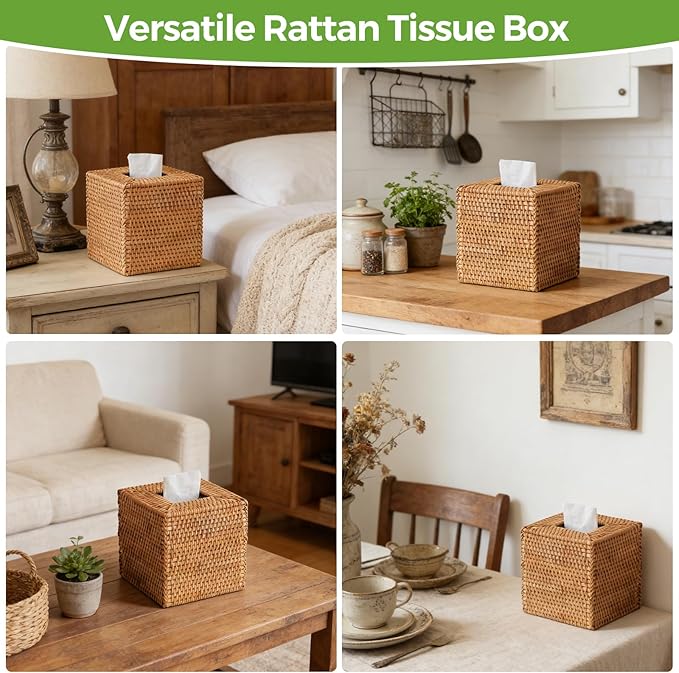 2 Pack Natural Rattan Tissue Box Cover, Hand Woven Square Wicker Holder for Facial Tissues, Wicker Napkin Holder Ideal for Bathroom Living Room, Tissue Holders Decorative for Kitchen Office and Desk