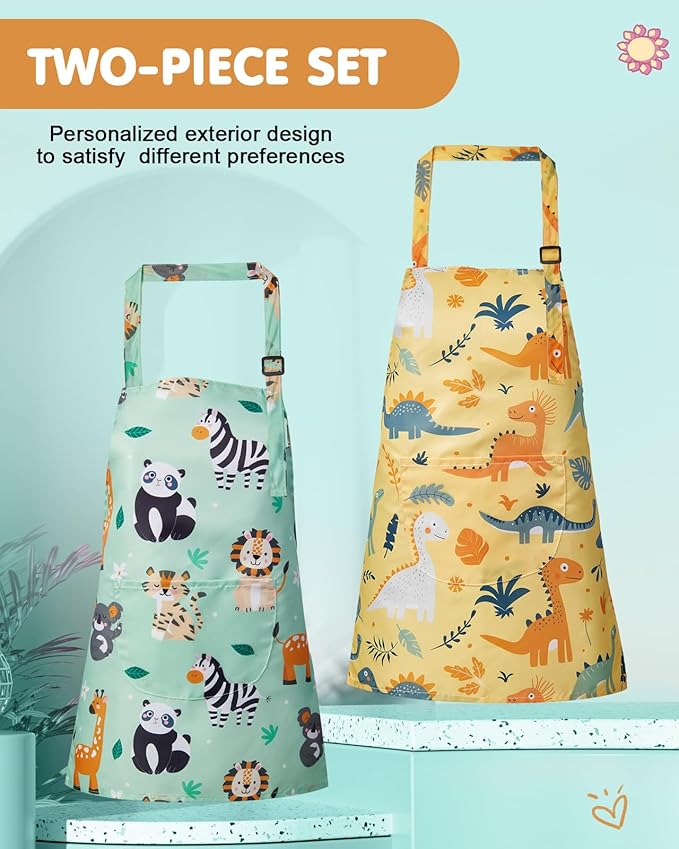 Lictin 2 Pack Kids Apron Girls Boys for Cooking, Waterproof Art Apron with Pockets for Kids Painting Cooking Baking