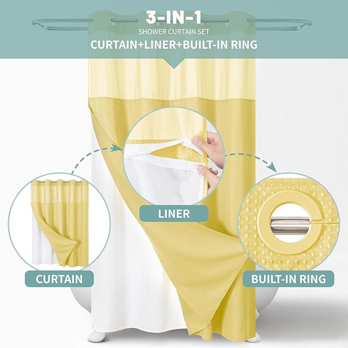 eachope Yellow No Hook Waffle Weave Shower Curtain with snap-in Liner Replacement, 230GSM Waterproof Fabric Hotel Shower Curtain Set for Bathroom, Through Mesh Top Window,71Wx74H