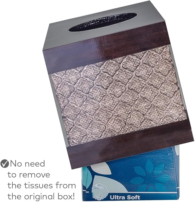 Dahlia Square Tissue Box Cover Square - Brown Tissue Box Holder Vessel - Decorative Tissue Holder for Bathroom - Elegant Brown Bathroom, Bedroom, Office Decor