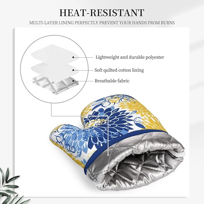 Oven Mitts and Potholders Watercolor Blue and Yellow Flowers Silicone Glove Heat Resistant, Kitchen Gloves for Cooking, 2-Piece Set