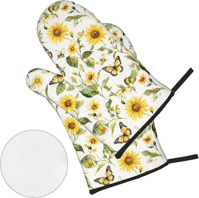 Oven Mitts and Pot Holders Sets of 4 Watercolor Sunflower Butterfly Kitchen Potholder Gloves Heat Resistant Non-Slip for Chef Baking Cooking Grilling BBQ Mittens