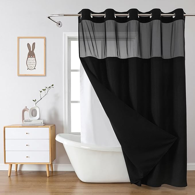 eachope Black No Hook Waffle Weave Shower Curtain with snap-in Liner Replacement, 230GSM Waterproof Fabric Hotel Shower Curtain Set for Bathroom, Through Mesh Top Window,60Wx74H