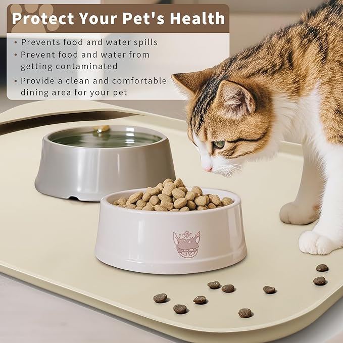 Smilool Silicone Pet Food Mat with Raised Edge for Food and Water Bowl, Dog Feeding Mats, Cat Food Trays for Floor Waterproof, Rubber Tray for Dogs and Cats, 22 x 14 x 0.8 Sand White (Yellow Cast)