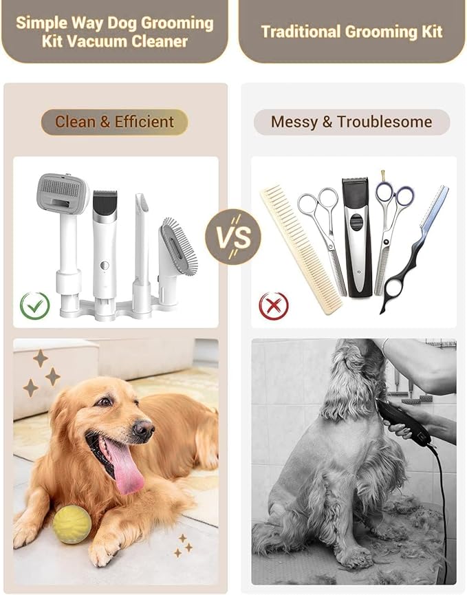 Simple Way Dog Vacuum Grooming Kit for Shedding: Professional Hair Clippers Pet Groomer - Strong Suction Cleaner Deshedding Tool Fur Brush Attachment Trimmer for Home Cat (Milky)