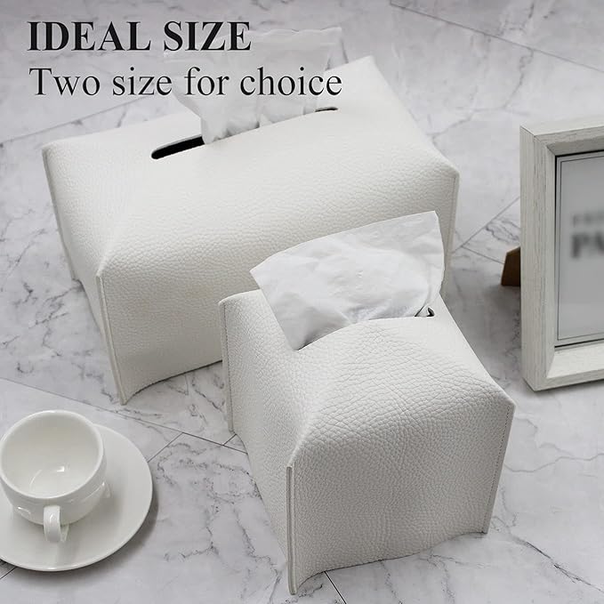 Livelab Tissue Box Cover, Modern Decorative PU Leather Rectangular Tissue Box Case Organizer Holder for Vanity Countertop, Night Stands, Livingroom, Office Desk & Car 9.5X5X5'' | Off White