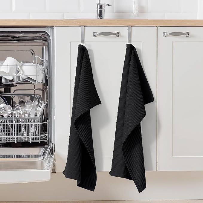 Homaxy Premium Kitchen Towels (18"x 28", 8 Pack), Large 100% Cotton Kitchen Hand Towels, Ultra Absorbent Ribbed Terry Tea Towels Set with Hanging Loop, Black