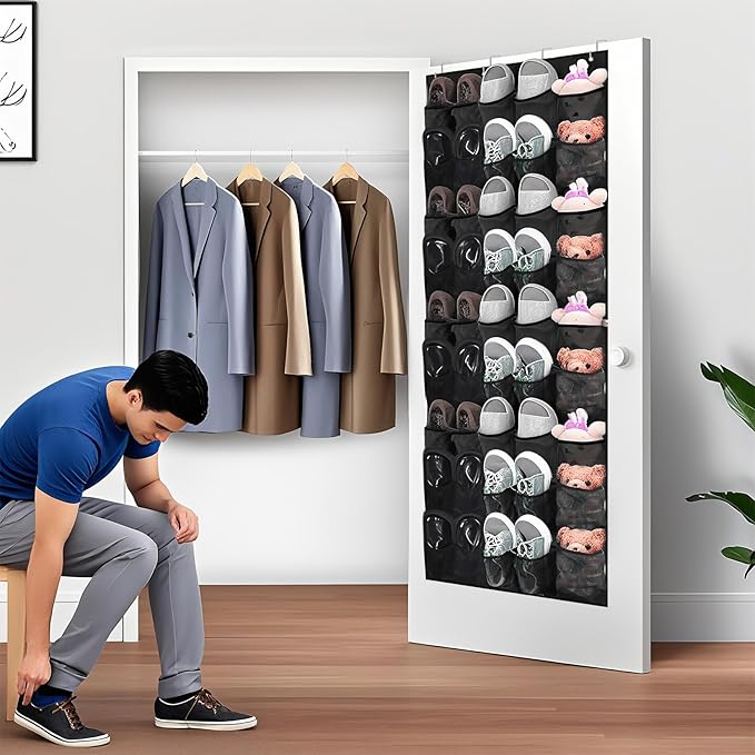 Hualleko Over the Door Shoe Organizer,40-Pocket Hanging Shoe Rack for Closet Door,Shoes Storage Holder Hanger with Large Mesh Pocket for Women Men Shoes,Flip Flops(Black)