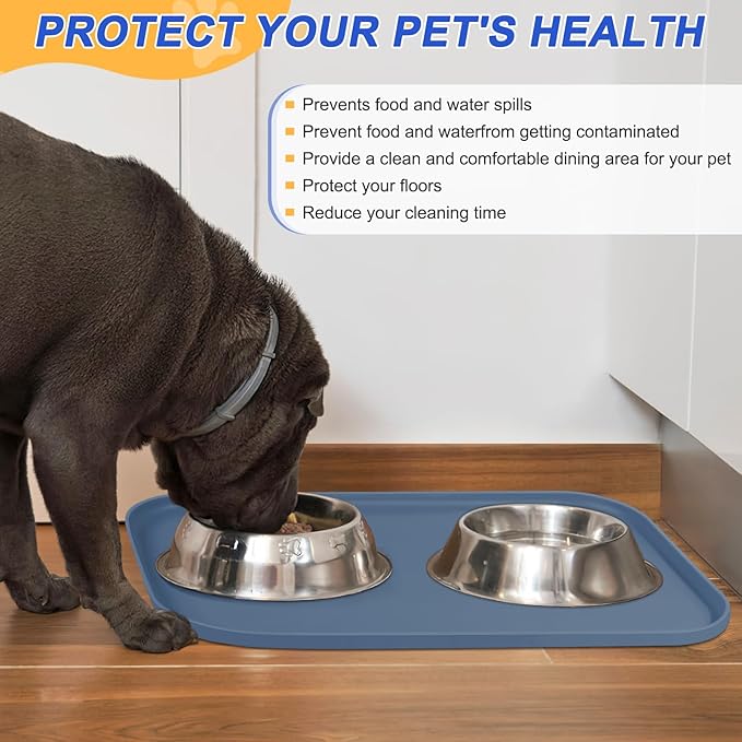 SMILOOL Silicone Pet Feeding Mat with Raised Edge for Food and Water, Dog Bowl Mats, Cat Bowls Placemat with High Lip for Floor Waterproof, Rubber Tray for Cats and Dogs 22 x 14 x0.8 Slate Blue