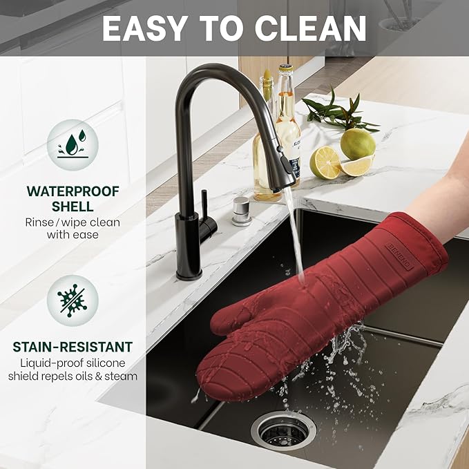 Beneno Heat Resistant Silicone Oven Mitts BPA-Free, Non-Slip Textured Grip & Quilted Cotton Lining, Waterproof Kitchen Mitt 2-Pack Set, 7"x13", Red
