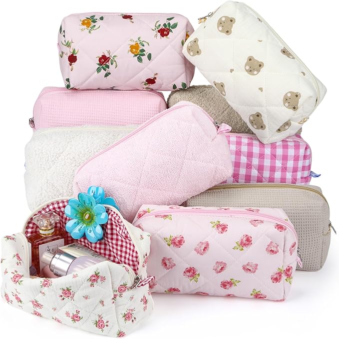 Paterr 10 Pcs Quilted Makeup Bag Bulk Cotton Floral Cosmetic Bag Women Girls Bridesmaid Gifts Cute Makeup Pouch Coquette Aesthetic Travel Toiletry Organizer(Beige Floral,7.87 x 4.72 x 3.15 Inches)