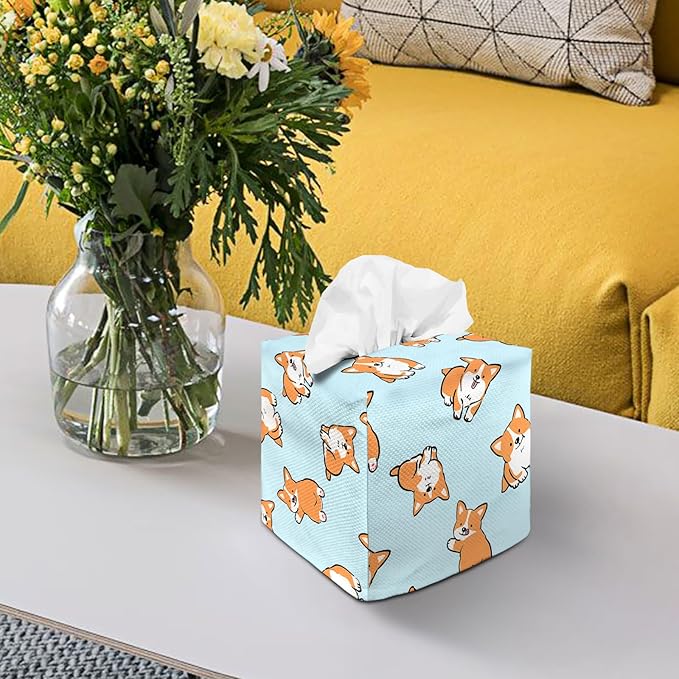 Tissue Box Cover Square Decorative Tissue Box Holder Cute Funny Cube Tissue Case Cover-Corgi Tissue Box Cover