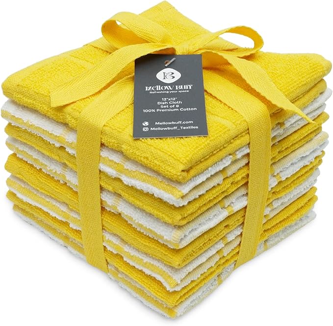 Mellow Buff 100% Cotton Terry Dish Cloth & Dish Towel, 6 Pack, Super Soft and Absorbent Kitchen Towels, Perfect for Kitchen Cleaning and Dish Washing (Yellow (Solid and Checks) 8 Pack)