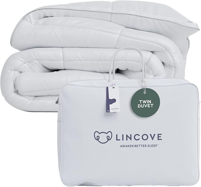 Lincove Canadian Down Comforter – All-Season Warmth Duvet Insert – Corner Loops in Each Corner, 600 Thread Count - 100% Cotton Sateen Shell, Twin