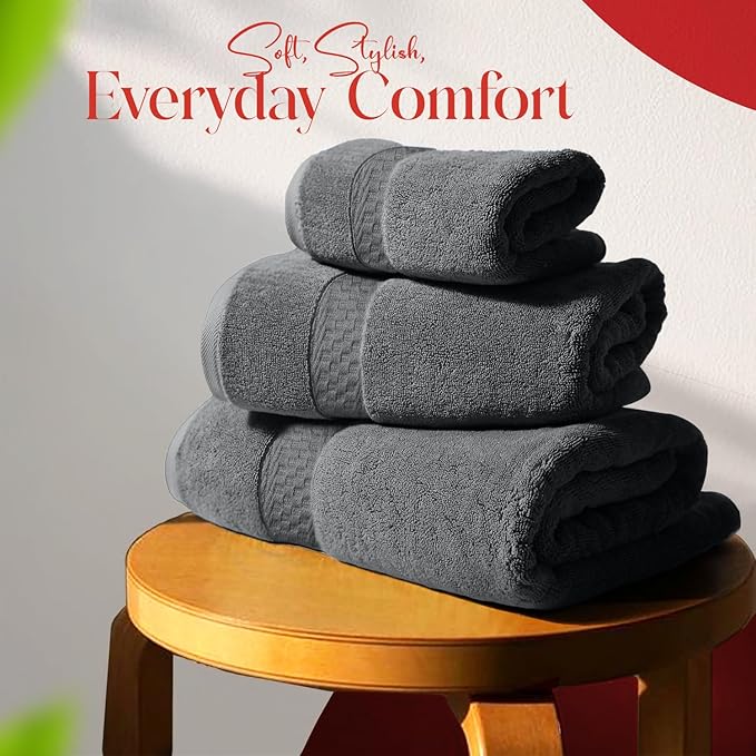 RIVERSIDE 3-Piece Towel Set, 1 Bath Towel, 1 Hand Towel, 1 Washcloth, 550 GSM Ring Spun Cotton, Soft, Quick Dry, Absorbent Bathroom Towels for Home, Gym, Spa, Grey