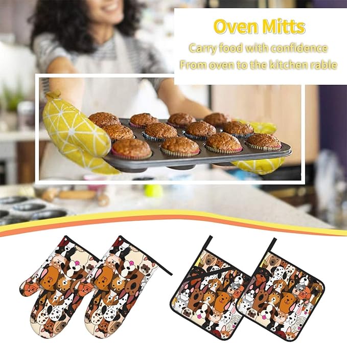 Cute Dogs Oven Mitts and Pot Holders 4 Pcs Set Oven Gloves and Potholders for Cooking Microwave BBQ Baking Grilling