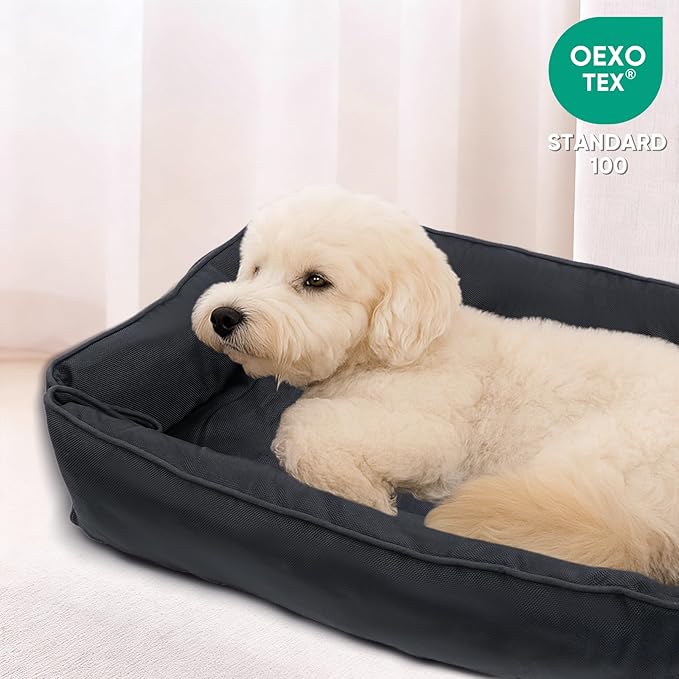 FuzzyTrek Waterproof Oxford Dog Bed, Foldable Crate Mat for Small Medium Dogs, Orthopedic Pet Cushion with PP Cotton, Chew Resistant, Anti-Slip Base, Indoor Outdoor Washable Portable Bed, Black