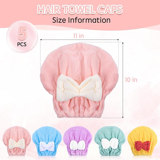 Kldnkig Microfiber Hair Drying Caps, 5-Pack Extra Soft and Ultra Absorbent Fast-Drying Hair Turban Wraps, Shower Caps for Girls and Women with Cute Bowtie Design（11" L x 10" W）