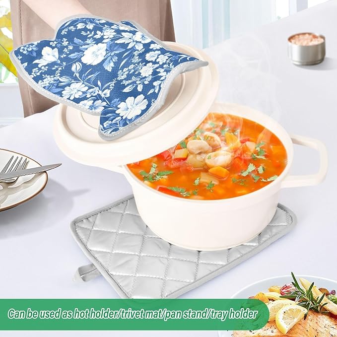 Pot Holders Set of 2 Blue Flower Hot Pads for Kitchen Heat Resistant Potholders Sets for Kitchen and Baking 7x9.8in