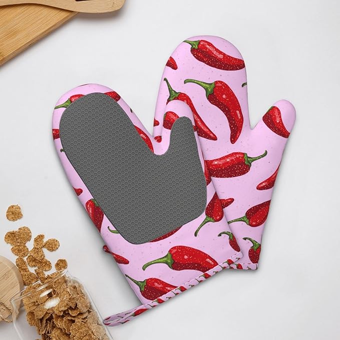 Heat Resistant Oven Mitts 2 Pack, 500°F Silicone Oven Gloves with Non-Slip Grip, Soft Quilted Cotton Lining for Baking, Grilling, BBQ, Cooking (Peppers Pink Red)