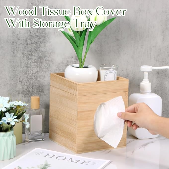 Tissue Box Cover, Bamboo Tissue Box Cover with Storage Tray Square Tissue Box Covers Holder for Bathroom, Bedroom, Dinner Table, Office, Tabletop 6" x 6" x 7.4"