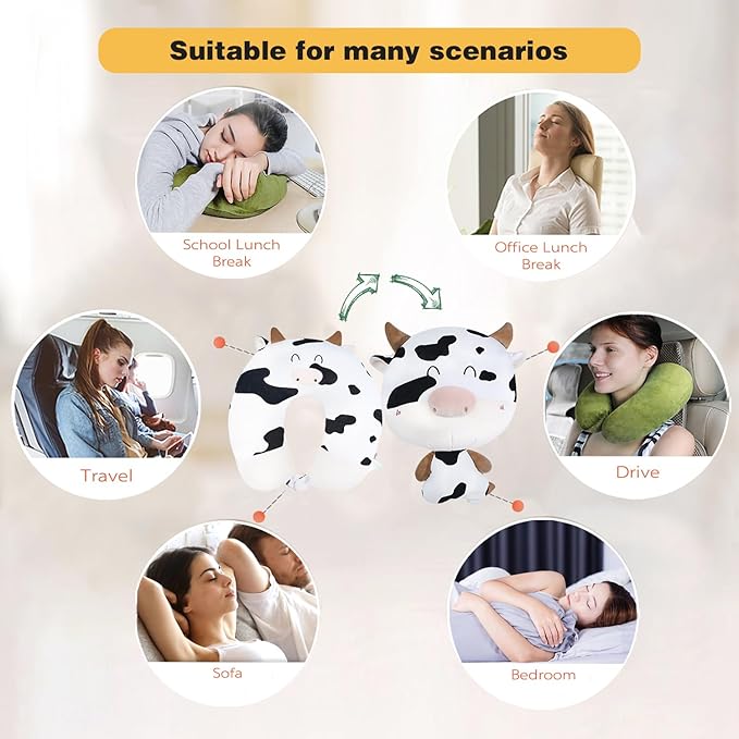 stocaggio Kids Travel Pillow - 2-in-1 Deformable Kids Neck Pillow for Traveling, Soft U-Shaped Pillow with Adorable Animal Design, Comfy Sleep and Play, Ideal for Airplanes and Traveling-Milk Cow