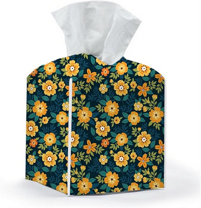 Tissue Box Cover, Tissue Box Holder, Square with Belt Bottom, PU Leather Decorative Organizer for Desk, Tabletop, Countertop Bathroom, Toilet Car, Office, Dresser, Aesthetic Yellow Flower Decor