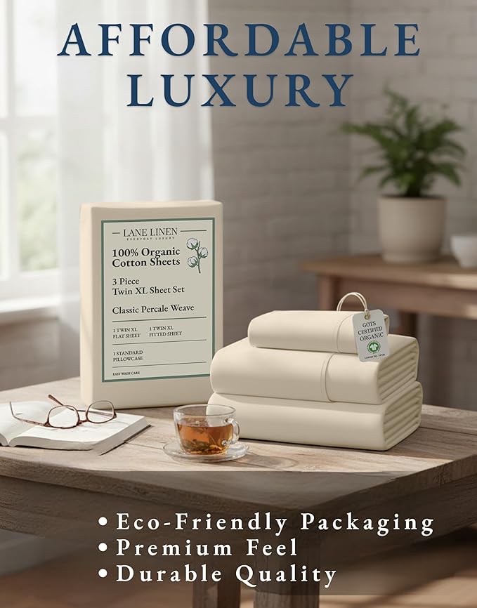 LANE LINEN 100% Organic Cotton Twin XL Sheets Set, 3-Piece Pure Organic Cotton Percale Sheets, Cotton Bedsheets, Ultra Soft Bedding Sheets, Breathable, Fits Mattress Upto 15" Deep - Natural