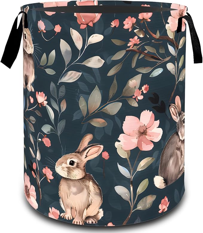 VODRM Cute Bunny and Floral Laundry Basket, Dirty Collapsible Clothes Toy Organizer Hamper for Kids Adults, Oxford Cloth Waterproof Storage Bin for Bedroom Bathroom Home Decor Gifts, 19.7"X15.7"