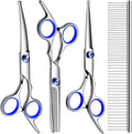 FAIGEO Professional Dog Grooming Scissors Kit, Titanium Coated Dog Scissors for Grooming, Grooming Shears Kit - Straight,Thinning, Curved Scissors and Comb for Dog Cat Pet (Blue 5 in 1)
