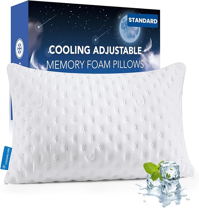 KUCEY Cooling Side Sleeper Pillow for Neck and Shoulder Pain, Luxury Shredded Memory Foam Firm Cool Bed Pillows for Sleeping Set of 1- Adjustable Standard Size- Washable Cover Original White