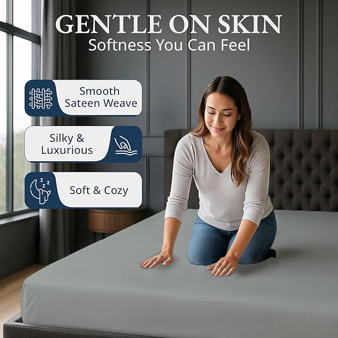 Lane Linen 100% Egyptian Cotton California King Size Fitted Sheet Only (72"x84" + 15") - Elegant Sateen Weave, Ultra Soft, Breathable, Highly Durable, Deep Pockets Upto 17" - Mineral
