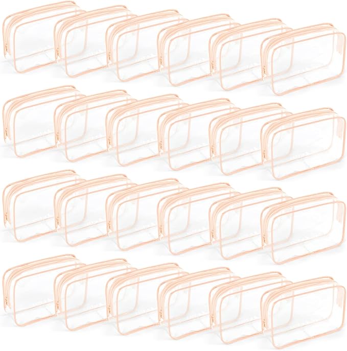 TISRATOK 24 PCS Clear Toiletry Bag for Women Men, Transparent Cosmetic Bag for Travel Makeup Organizer TSA Approved Pouch - Orange-pink,Medium