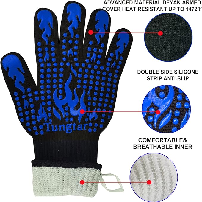 Oven Mitts Heat resistan BBQ Heat Proof Glove 1472℉ 14Inch Grill Glove for Men BBQ Gloves Gift Set for Cooking, Oven,Grilling, Baking, Welding (Long Cuff, Blue)