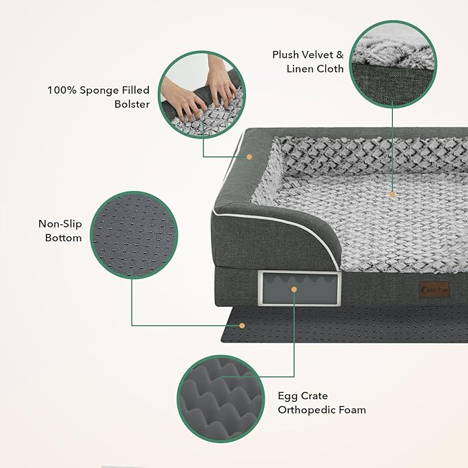 Casa Paw Orthopedic Dog Beds for Extra Large Sized Dogs, Waterproof Memory Foam XL Pet Bed with Sides 48x30Inch, Non-Slip and Egg-Crate Foam Big Dog Couch Bed with Removable Washable Cover, Dark Grey