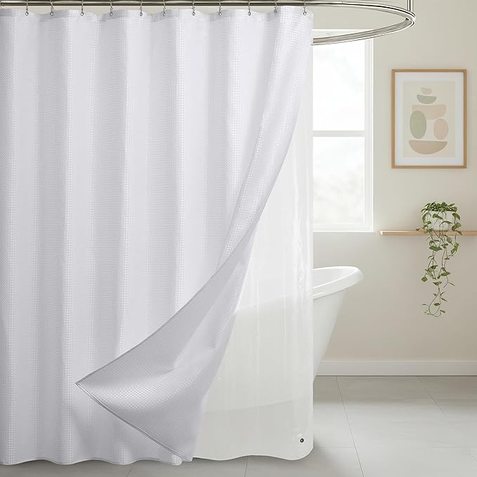 Lameirose 3 in 1 Shower Curtain Set, Waffle Shower Curtain and Liner Set with 12 Double Sided Shower Curtain Hooks, 72 x 84 Fabric Shower Curtains for Bathroom, White