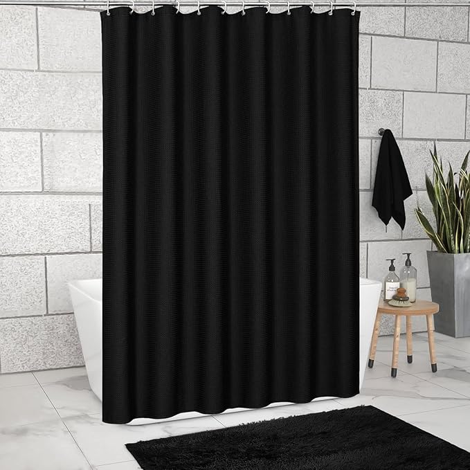 MitoVilla Waffle Black Shower Curtain 72 x 78, Fabric Long Set, Modern Farmhouse for Bathroom Decor, Luxury Hotel Cloth 78 Inch Long
