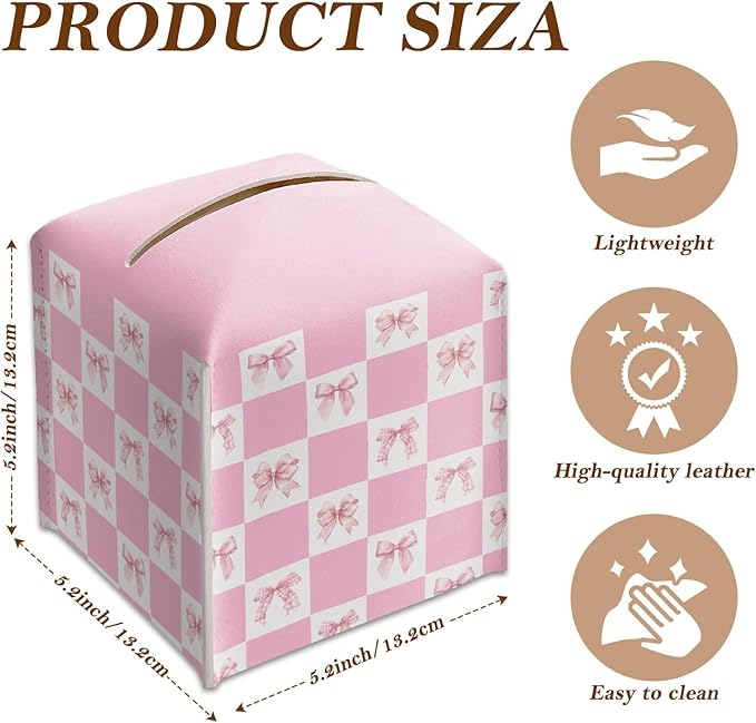 Pink Gingham Bow Tissue Box Cover Square, Leather Tissue Holder with Bottom Belt, for Nightstands Desks Office Bathroom Car Vanity Home Decor Supplies -006