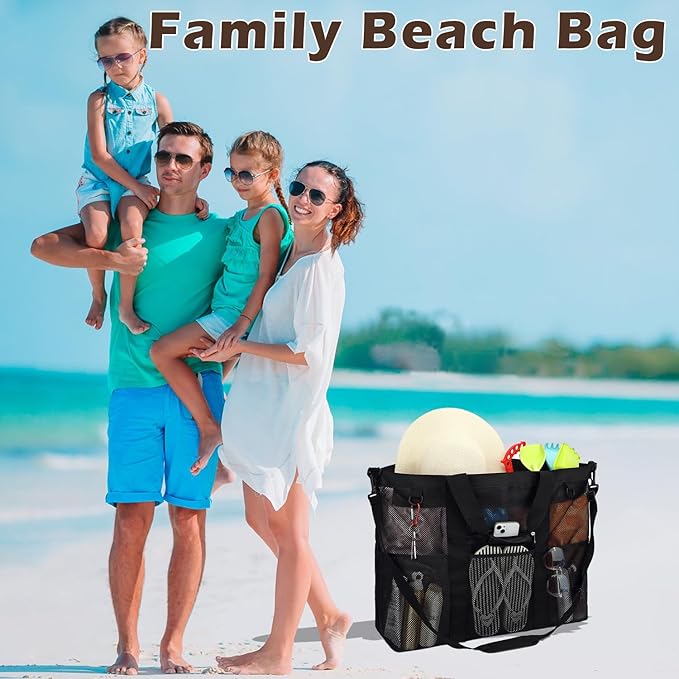 Fammart Mesh Beach Bag, Large Beach Tote with Zipper Pocket for Family Pool Bag for Toys & Vacation Essentials