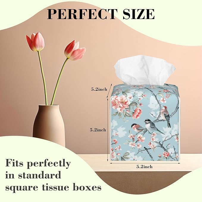 Pink Flowers Birds Tissue Box Cover,Watercolor Floral and Bird Waterproof Leather Square Tissue Box Cover Case Facial Paper Organizer Dispenser Box Holder for Home Office Bathroom Vanity Countertop