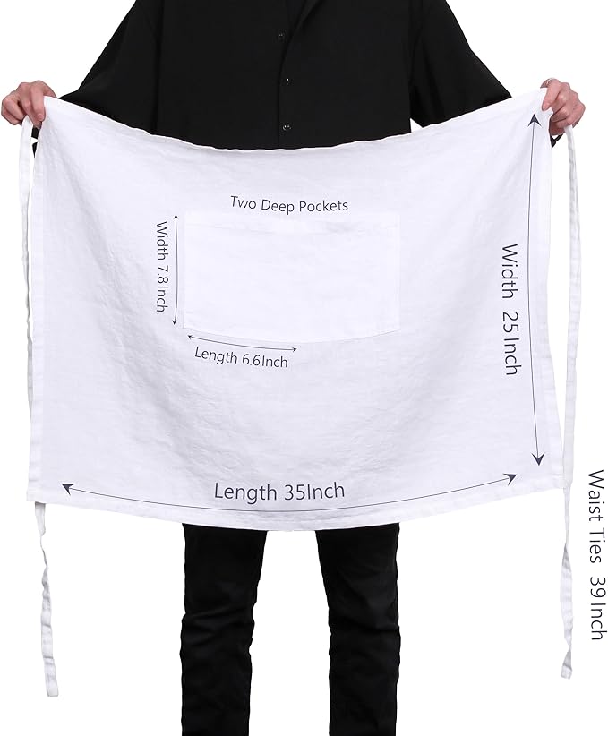 Pure Linen Bistro Half Apron - 25 x 35 Inch Unisex Waist Aprons with Large Pocket Ideal for Kitchen Crafts and More
